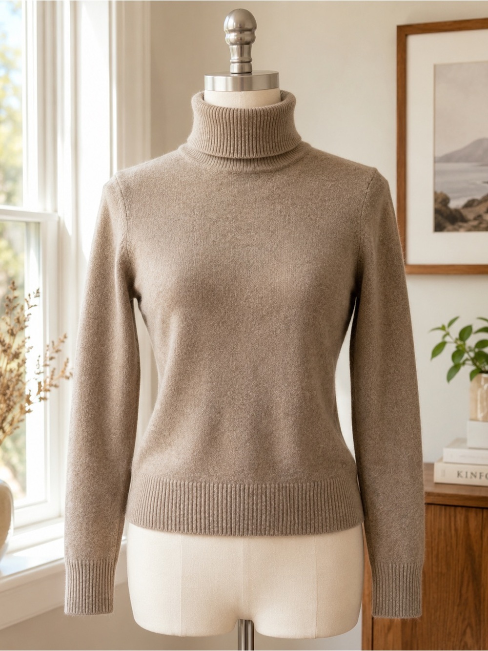 Unbranded 100% Merino Wool Turtleneck Sweater Tan Taupe XS